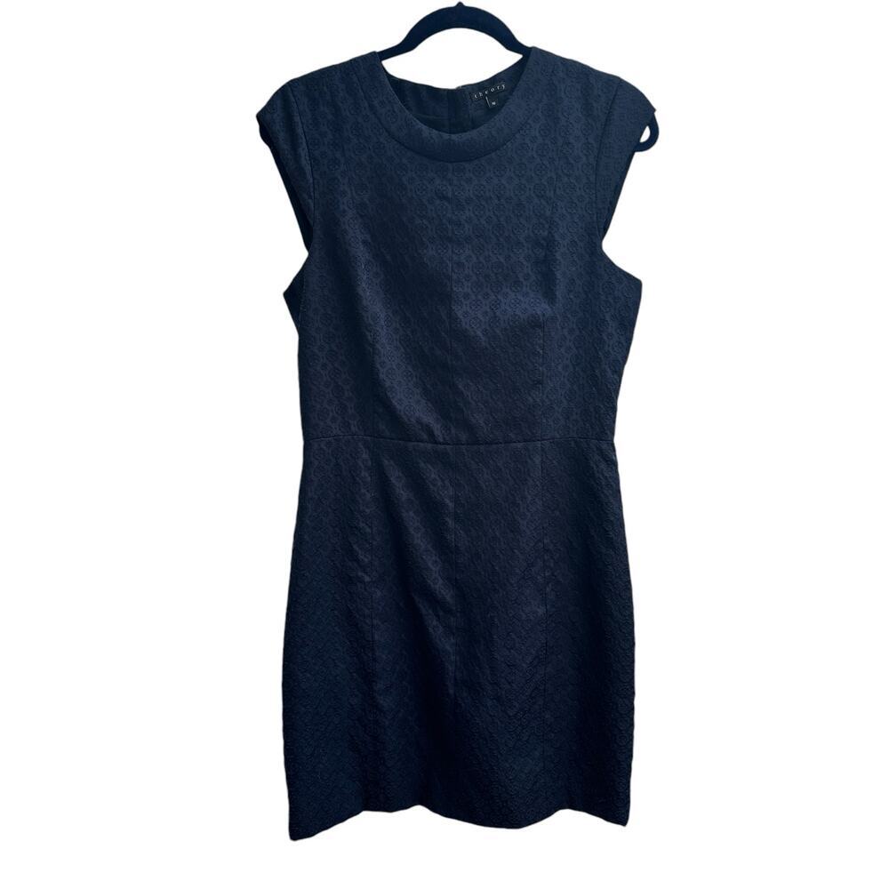 Theory‎ Embroidered Navy Blue Cap Sleeve Dress Size 10 Textured Formal Dressy